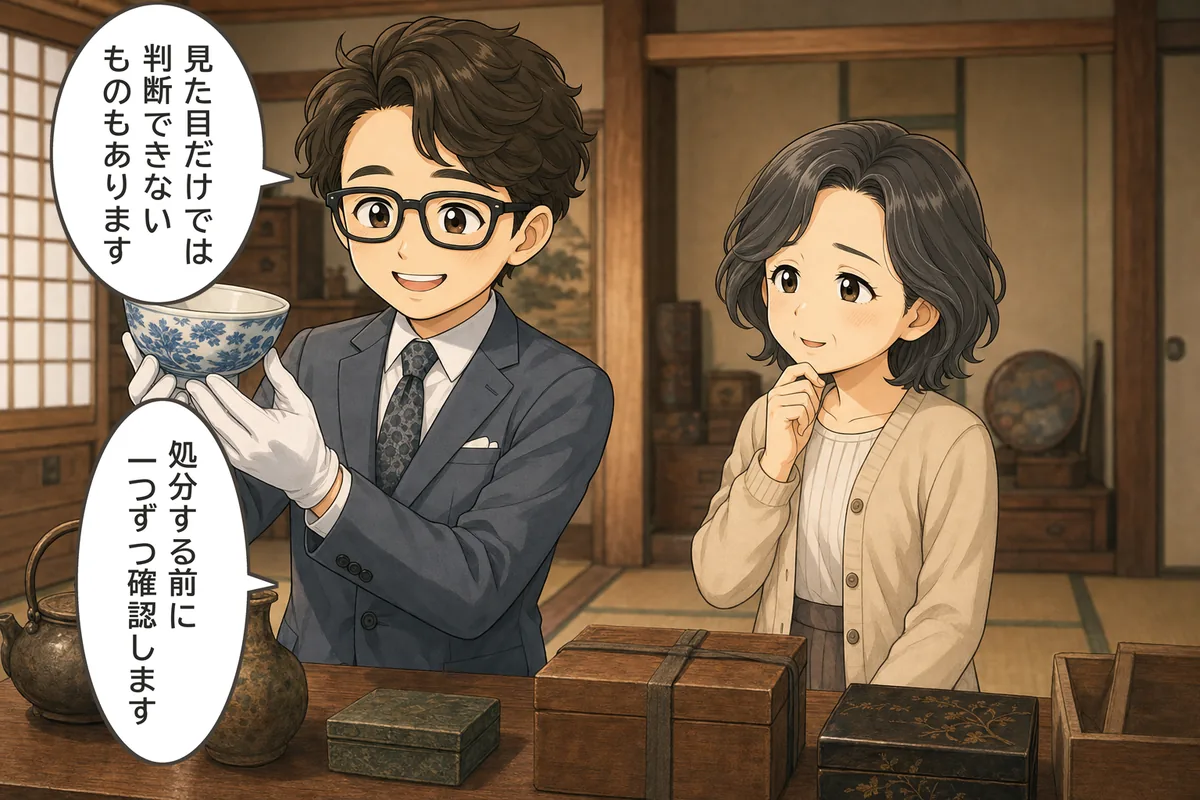 田澤が品物を手に取り「見た目だけでは判断できないものもあります。処分する前に、一つずつ確認します」と話す