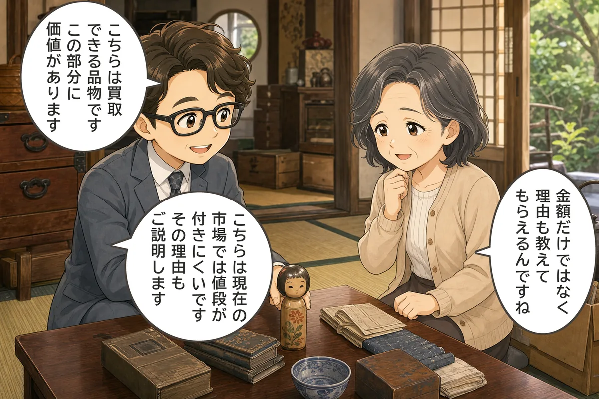 田澤が「こちらは買取できる品物です。この部分に価値があります。こちらは現在の市場では値段が付きにくいです。その理由もご説明します」と説明し、女性が「金額だけではなく、理由も教えてもらえるんですね」と応える