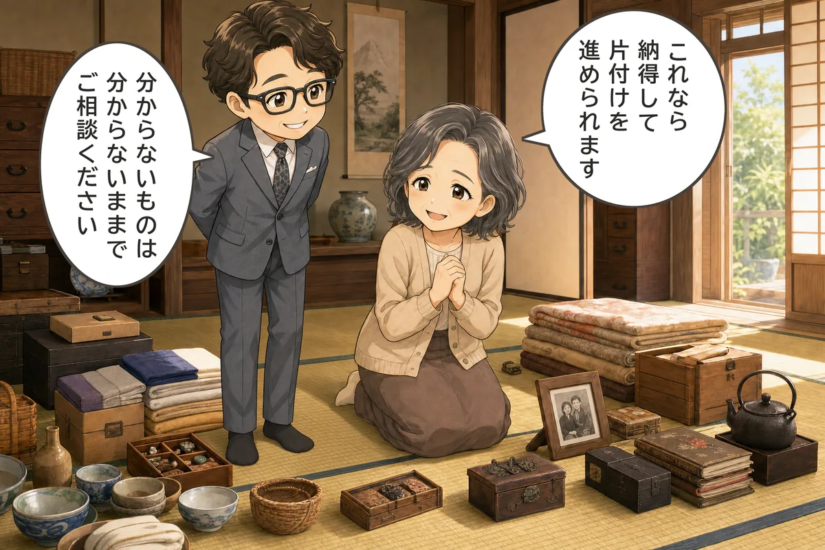 品物が整理され、女性が「これなら、納得して片付けを進められます」、田澤が「分からないものは、分からないままでご相談ください」と話す