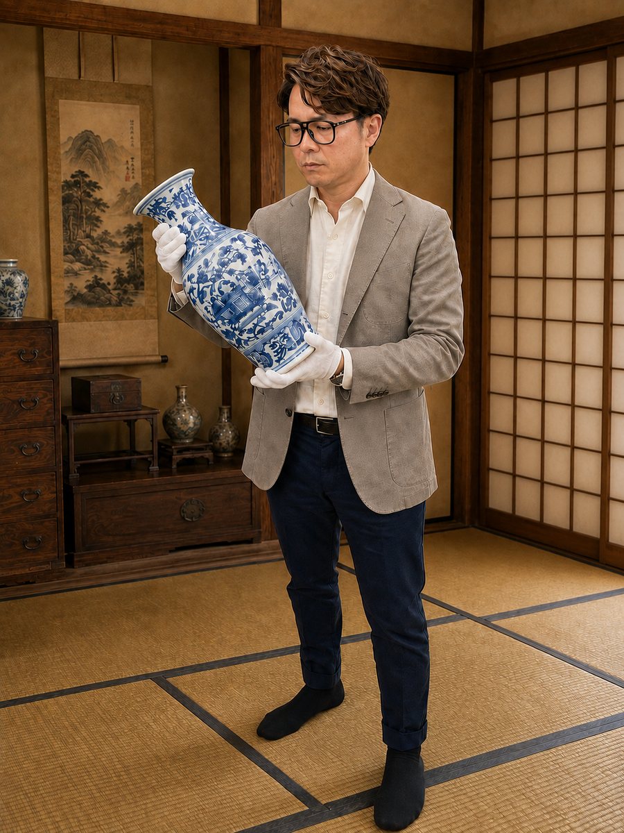 古道具屋とくまる代表の田澤が、白手袋をつけて染付の花瓶を確認しているところ